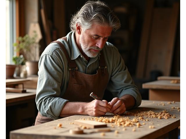 Oprichter van Kust Timmer, met precisie aan het werk in een werkplaats vol houtzaagsel en traditionele gereedschappen.