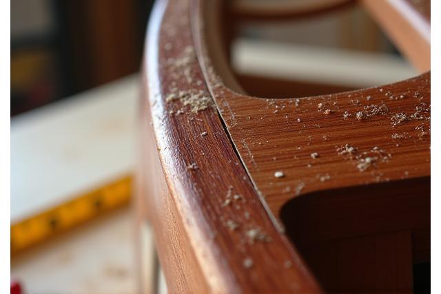 Close-up van een half afgewerkt houten jachtinterieur, met zichtbare verbindingen en fijne houtnerf, in een werkplaatssetting.