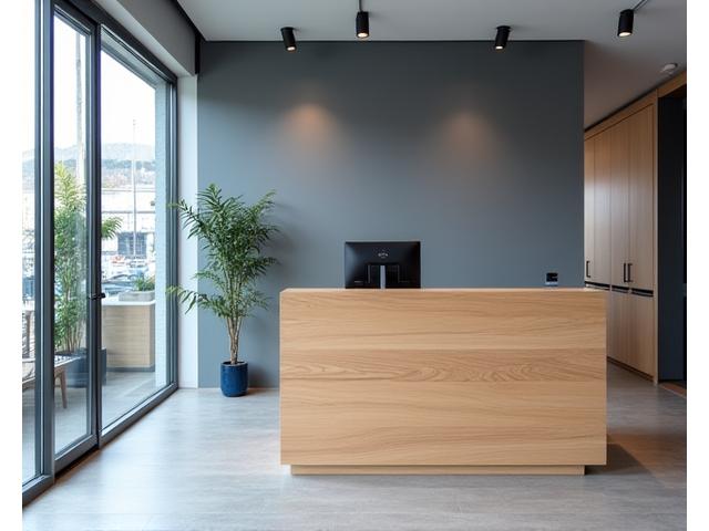 Strakke, moderne houten balie in een havenkantoor.