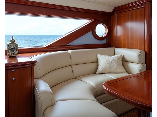 Luxe jachtinterieur met mahoniehout en leder.