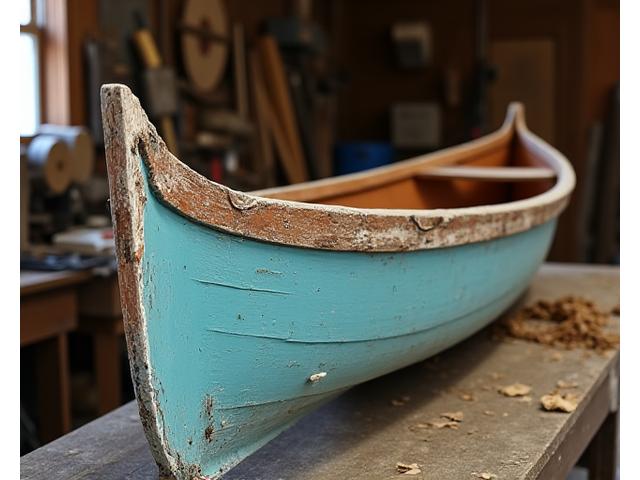 Oude, beschadigde roeiboot voor restauratie in een werkplaats.
