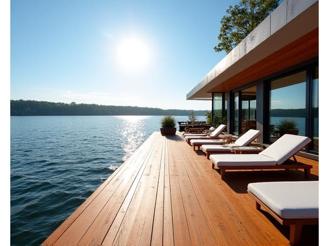 Duurzame hardhouten terras decking aan de waterkant met lounge meubels.